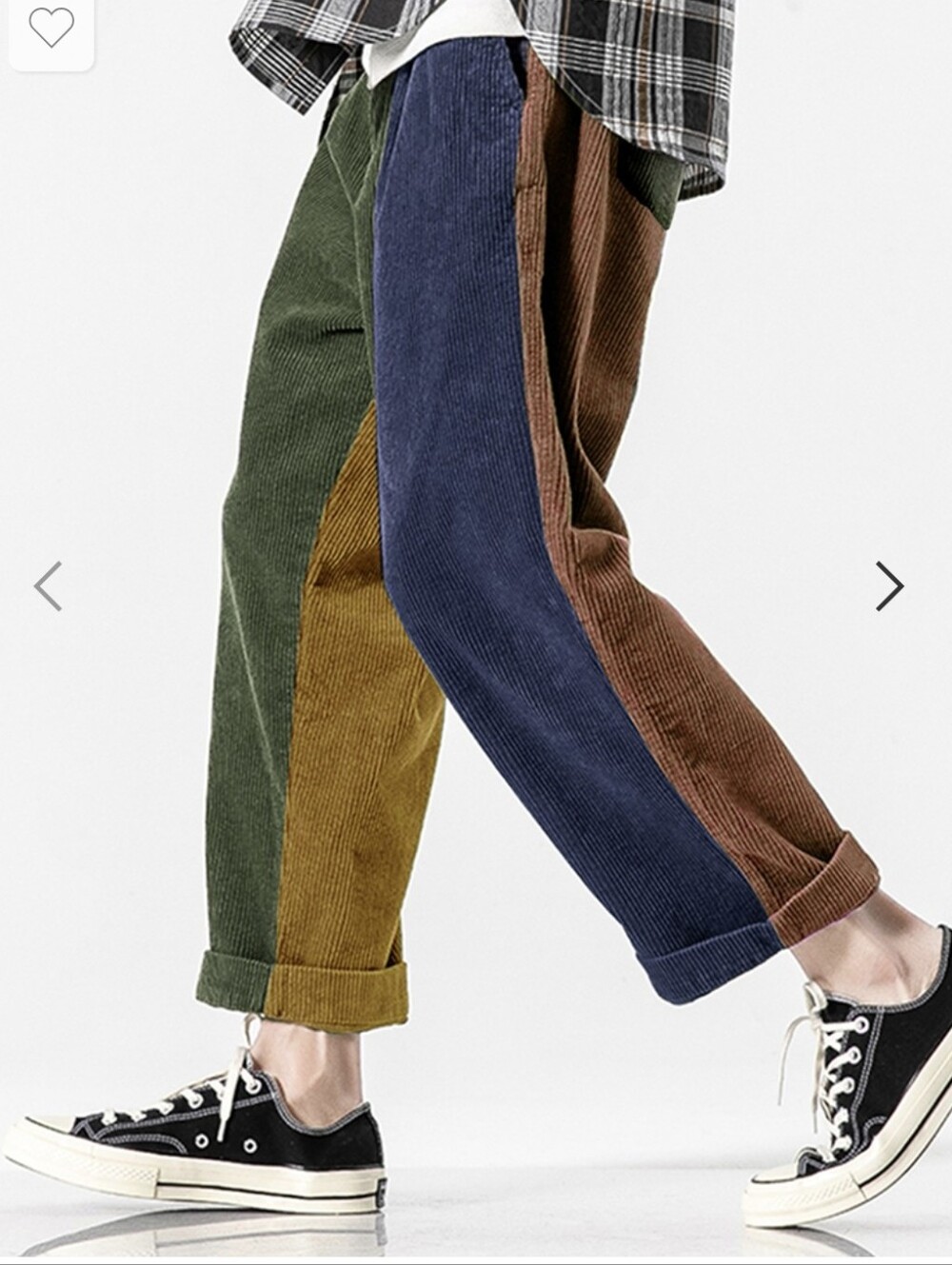 Men's Patchwork Corduroy Pants In Navy, Rust, Mustard And Olive Green.